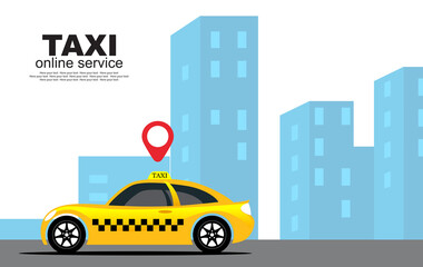 Online city taxi service. Vector image of a taxi car with a marker, on the background of urban buildings, the city.