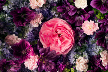 Still life, provensal shabby style, background made of flower blossom, pink rose, mallow, flat lay, top view.