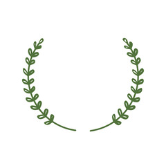 Obraz premium Laurel wreath of two green twigs pointing up. Laconic stylish frame, minimal style. A border of branches and leaves. Vector illustration. Open circle laurel wreath. Copy space. 