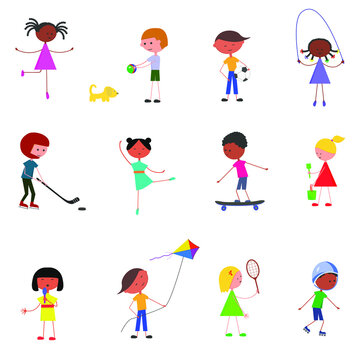 Different children play. Various activities of children. Isolated vector images on a white background in a flat style. A set of children's activities.
