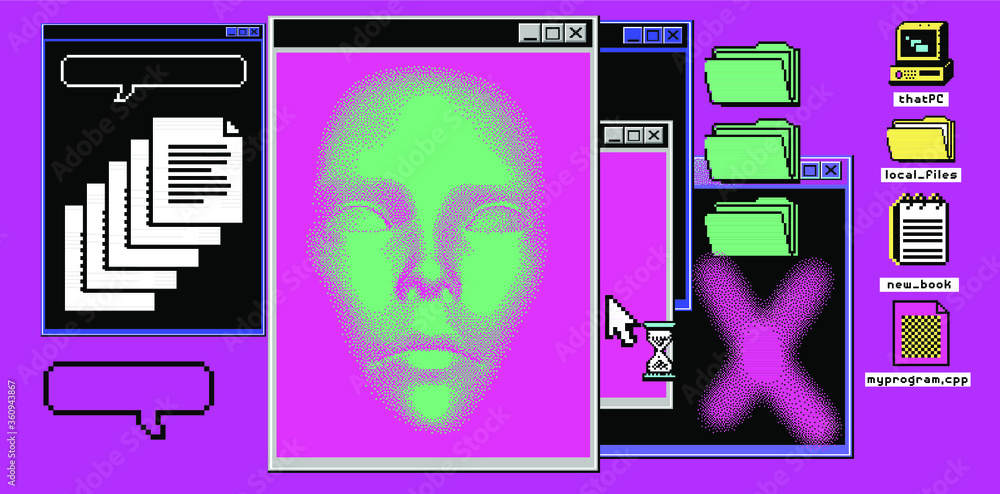 Poster Surreal retrofuturistic vaporwave style background with user interface elements: console terminal window, folder icons.