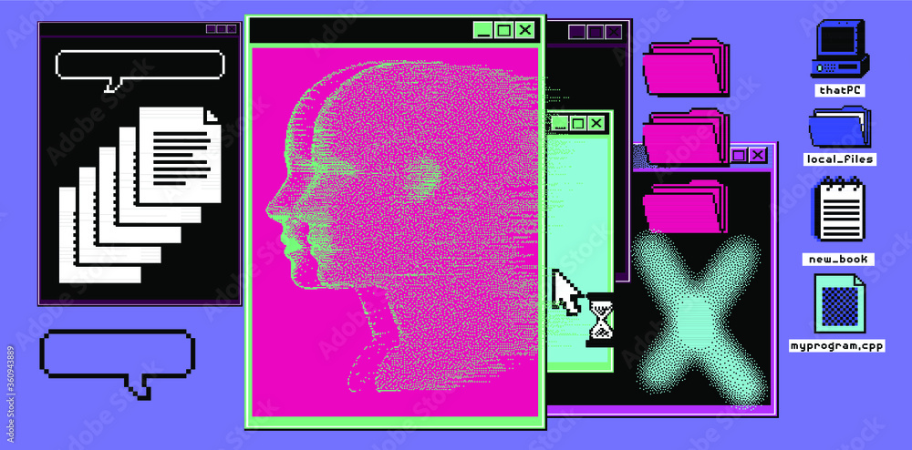 Aufkleber Surreal retrofuturistic vaporwave style background with user interface elements: console terminal window, folder icons.