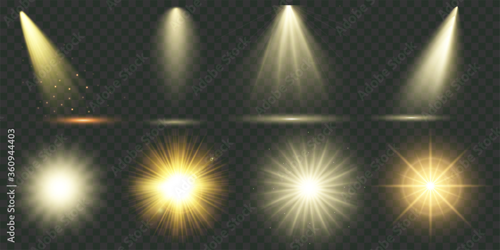 Aufkleber Light effect. Vector shining golden bright light. Set of flashes, lights and sparks. Abstract golden lights isolated on a transparent background. Bright gold flashes and glares. Vector illustration