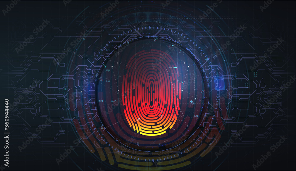 Poster fingerprint scanning security system concept on technology background. biometric identification.hud.