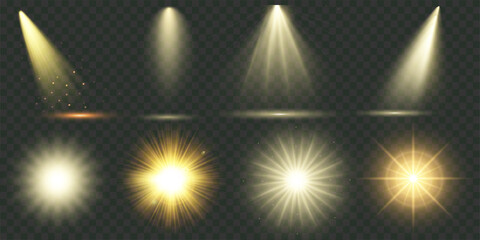 Light effect. Vector shining golden bright light. Set of flashes, lights and sparks. Abstract golden lights isolated on a transparent background. Bright gold flashes and glares. Vector illustration