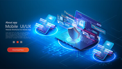 The concept of personal data security on the Internet illustrates cyber information or information privacy. Blue futuristic laptop, phone  protection data and confidentiality, Internet technology. 3D