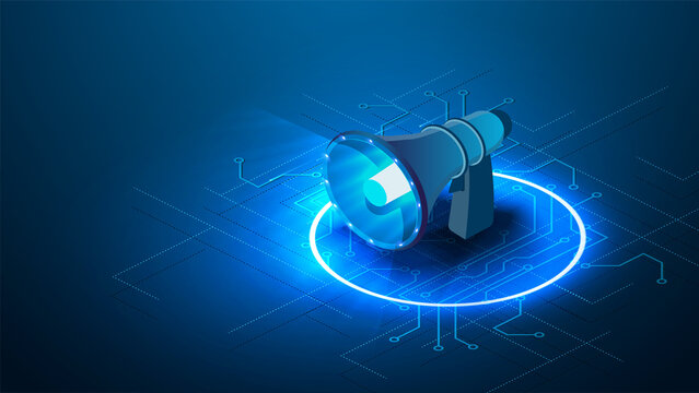Blue futuristic isometric flat megaphone isolated on blue background. Vector illustration for web, marketing and social media concept.