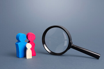 Figurines symbolizing the family and magnifying glass. Demographic policy. Gene research....