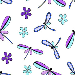 Dragonfly and flowers pattern. Vector Image. Illustration
