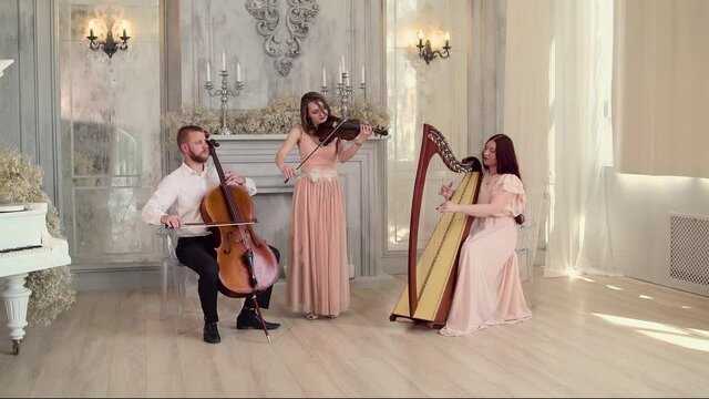 Musically the trio plays musical instruments in the Studio. Violin, cello, harp