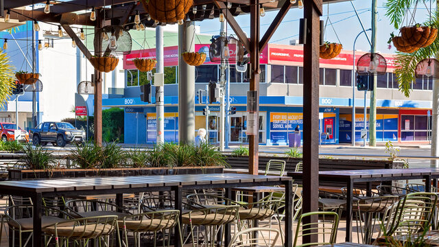 Mackay, Queensland, Australia - June 2020: Empty Open Air Restaurant In The City Centre With No Customers Due To Convid-19 Restrictions