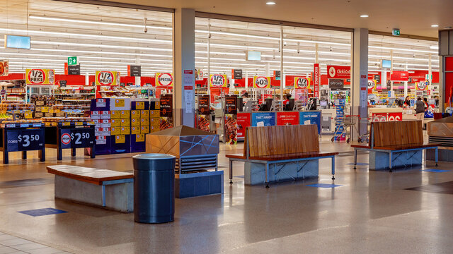 Mackay, Queensland, Australia - June 2020: Coles Supermarket Open For Business In City Shopping Centre