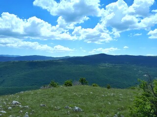 Fototapeta premium Mountain landscape with pine forest and clouds