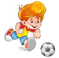 A little boy plays soccer! Running to the ball and preparing to hit him. It's going to be a goal! Sport. Run. Active lifestyle. Color clip art. Vector character on a white background.