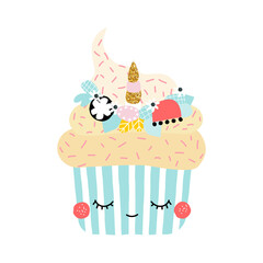 Funny muffin unicorn. Childish graphic. Vector had drawn illustration.