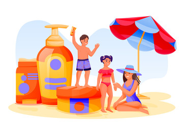 Mother and two kids use sunblock cosmetic. Summer face and body solar protection. Vector characters illustration