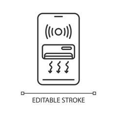 Smart air conditioner linear icon. Remote ventilation access thin line customizable illustration. Contour symbol. AC on smartphone display vector isolated outline drawing. Editable stroke