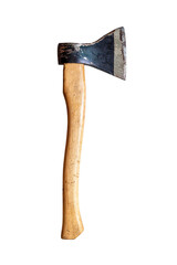 An old carpenter's axe with a wooden handle on a white background