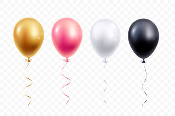 Realistic balloons collection isolated on transparent background. Gold, pink, white and black helium balloon with ribbon. Design element for party, grand open, wedding, etc. Vector illustration.