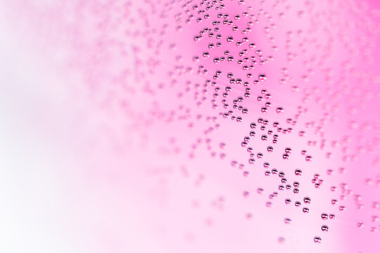 Tiny bubbles on glass surface abstract pink background and copy space. Underwater air bubble spheres macro photography wallpaper. Fizzy drink and carbonation close up