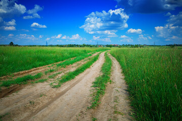 Fototapeta na wymiar Curved countryside road on summer field