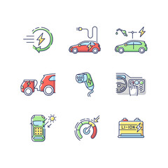 Electric vehicle RGB color icons set. Modern eco clean transportation. Hybrid, fully electric and solar cars benefits for environment. Isolated vector illustrations