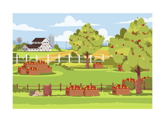 Farm with fruit trees semi flat vector illustration. Fresh apple harvest in caskets. Garden outside ranch. Rural lifestyle, summer greenery. Farmland 2D cartoon landscape for commercial use