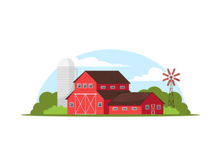 Classic red farmhouse semi flat vector illustration. Silo tower beside willa. Windmill on countryside ranch. Local agricultural business. Farm 2D cartoon object for commercial use © bsd studio