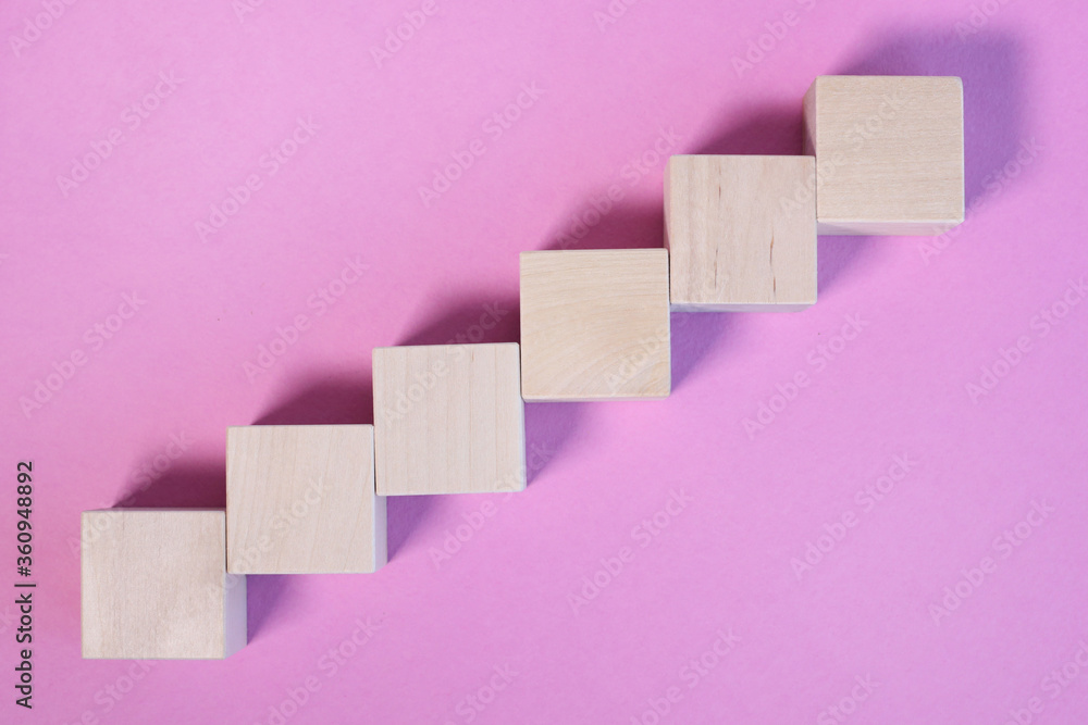 Poster top view of 6 blank wood cube mock up in horizontal shape on isolated background for create letter o