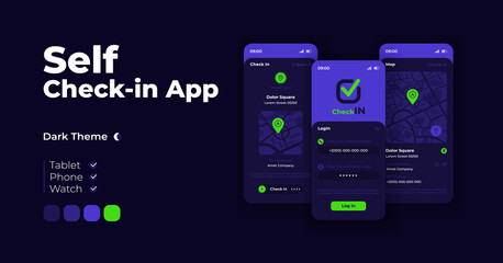 Fototapeta premium Social check in app cartoon smartphone interface vector templates set. Mobile app screen page night mode design. Log in screen and city maps UI for application. Phone display with flat illustrations