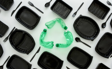 Conceptual flatlay with new empty black containers, forks, spoons and recycle symbol made of used green plastic bottles in the center. Recycling waste concept.