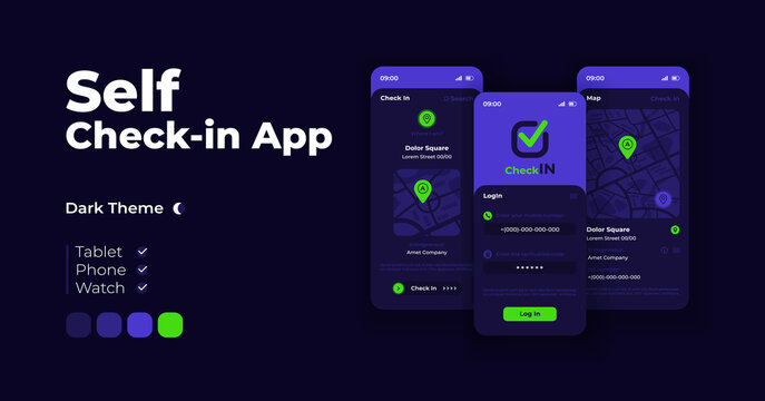 Social Check In App Cartoon Smartphone Interface Vector Templates Set. Mobile App Screen Page Night Mode Design. Log In Screen And City Maps UI For Application. Phone Display With Flat Illustrations