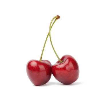 Two Red Connected Sweet Cherries Isolated On A White Background