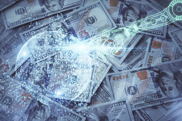 Double exposure of data theme drawing over us dollars bill background. Technology concept.