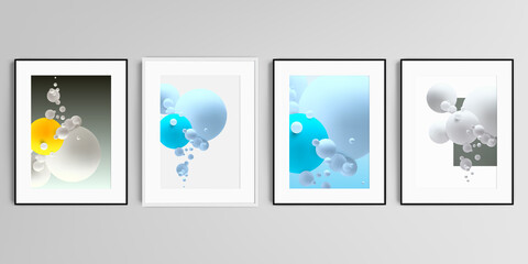 Realistic vector set of picture frames in A4 format isolated on gray background. Abstract composition with 3d balls or spheres.