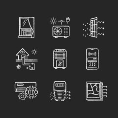 Air conditioning technologies chalk white icons set on black background. Different air cooling systems and domestic appliances. Modern ventilation devices. Isolated vector chalkboard illustrations
