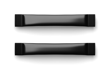 Blank black sugar stick packs isolated on white . 3D rendering.