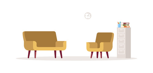 Obraz premium Beige chair and couch semi flat RGB color vector illustration. Sofa and armchair for psychological consultation. Comfortable home interior. Office furniture isolated cartoon object on white background