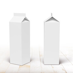 Milk or juice carton packaging box on white plank table. 3D rendering mockup.