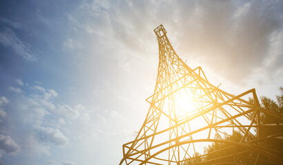 Model of the Eiffel tower in sunny weather from below with sky on background
