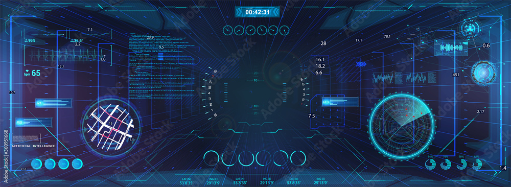Poster Virtual cyberspace for game with HUD and GUI interface graphic design. Sci-Fi virtual reality view from helmet. HUD and cyberpunk VR sight, radar, map navigation and other interface elements. Vector