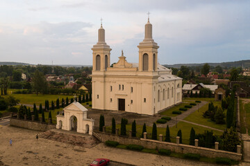 Beautiful church in the style of late classicism in the city center at sunset in summer. aerial photography