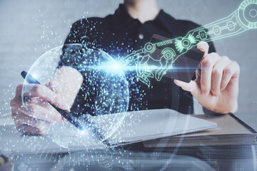 Double exposure of man hands holding a credit card and data theme drawing. E-commerce and...