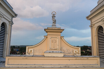 Beautiful church in the style of late classicism in the city center at sunset in summer. aerial photography