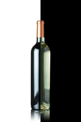 Bottle of half red and half white wine on a black and white background.
