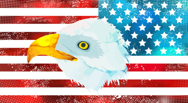Bald American eagle and USA flag. US Independence Day. Vector illustration