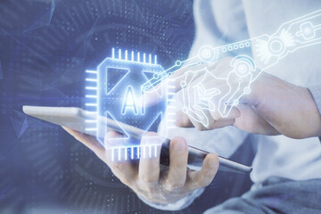 Multi exposure of man's hand holding and using a digital device and data theme drawing. Innovation concept.