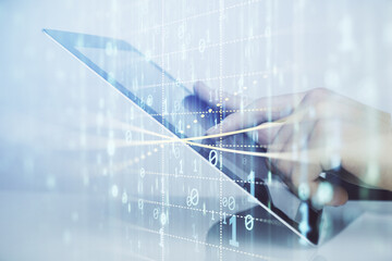 Multi exposure of man's hand holding and using a digital device and data theme drawing. Innovation concept.