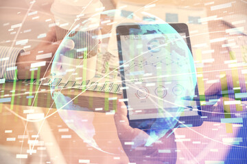 Double exposure of man's hands holding and using a phone and international business theme drawing.