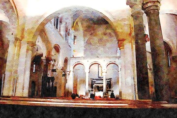 watercolorstyle representing the arches of one of the churches in the historic center of Bari in Puglia Italy